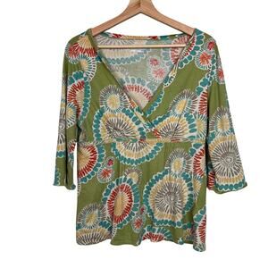 Royal Robbins Womens Large Faux Wrap 3/4 Sleeve Floral Organic Cotton Jersey Top